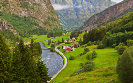 Norway waterfall landscape on a scenic fjord route